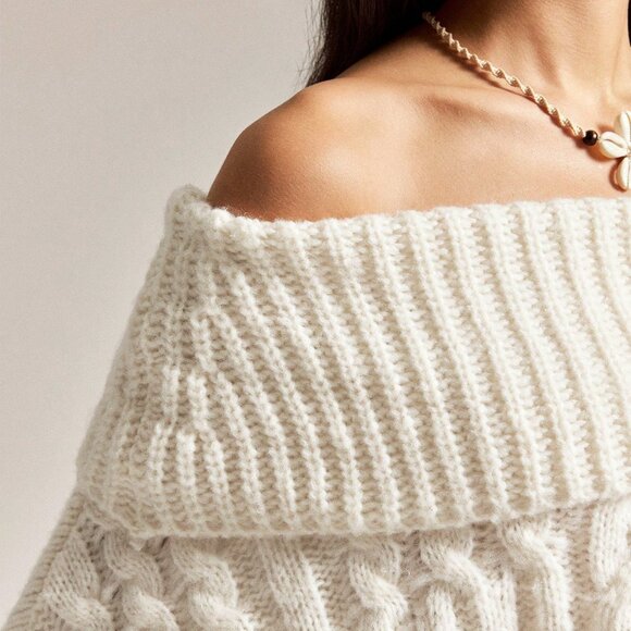 White Boho Chic Women's Off-Shoulder Poncho Sweater with Fringe - Picture 7 of 7